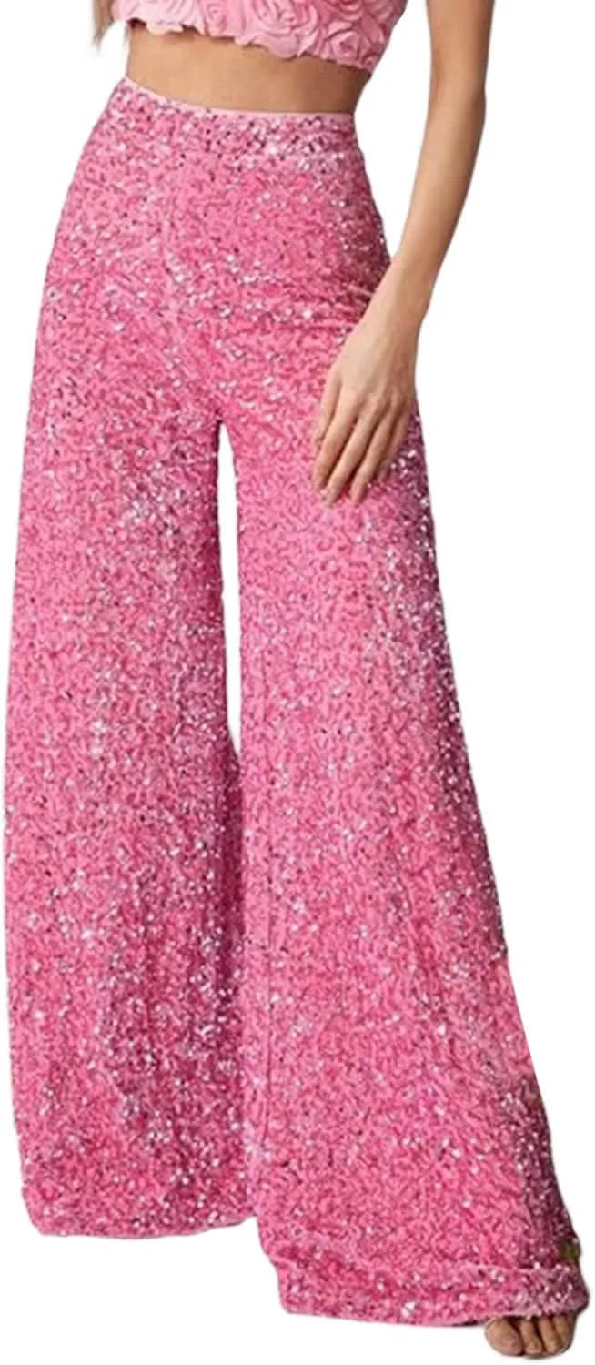 NUFIWI Sequin Bell Bottom Pants for Women High Waist Glitter Wide Leg Pants Sparkle Flared Trousers Disco Clubwear