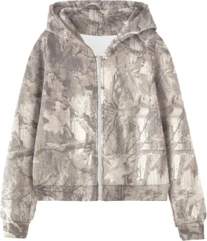 OLAPTA Women Camo Hoodies Oversized Maple Leaf Print Graphic Zip Up Long Sleeve Fleece Casual Hooded Sweatshirt with Pocket