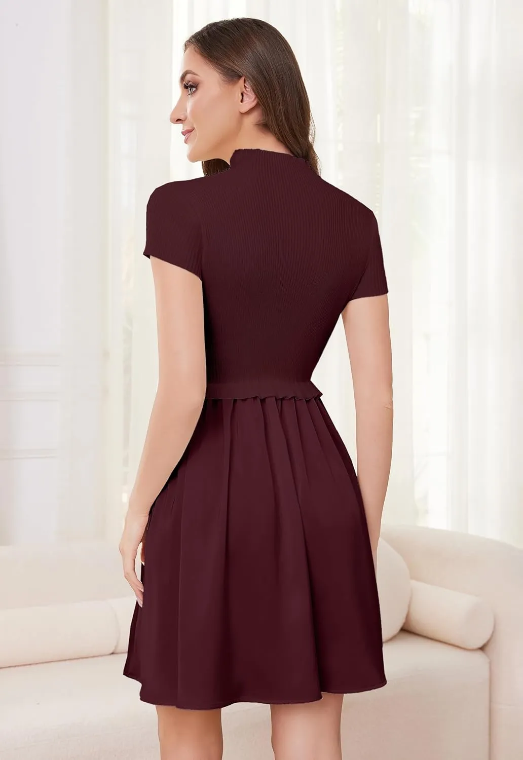 OLAPTA Women Mock Neck Patchwork Pleated Sweater Dress Short Sleeve Swing Knitted Solid Slim Fit Fashion Mini Dress Trendy