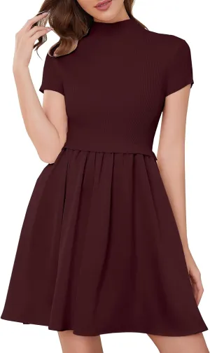 OLAPTA Women Mock Neck Patchwork Pleated Sweater Dress Short Sleeve Swing Knitted Solid Slim Fit Fashion Mini Dress Trendy