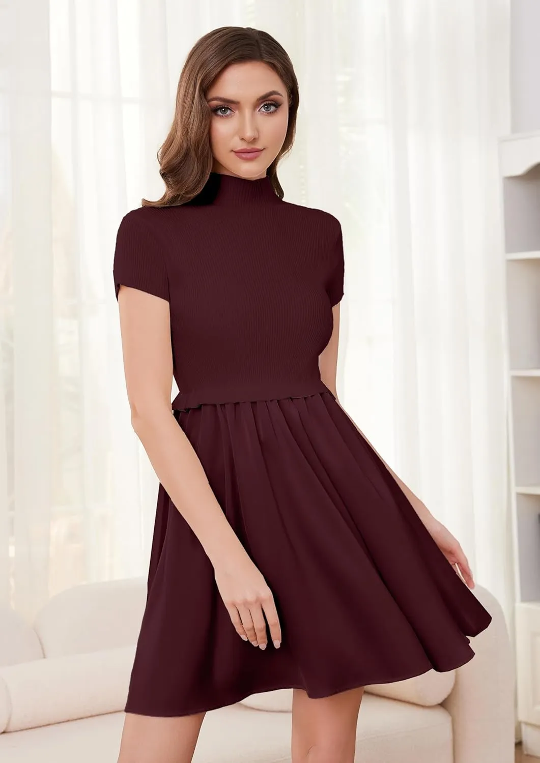 OLAPTA Women Mock Neck Patchwork Pleated Sweater Dress Short Sleeve Swing Knitted Solid Slim Fit Fashion Mini Dress Trendy