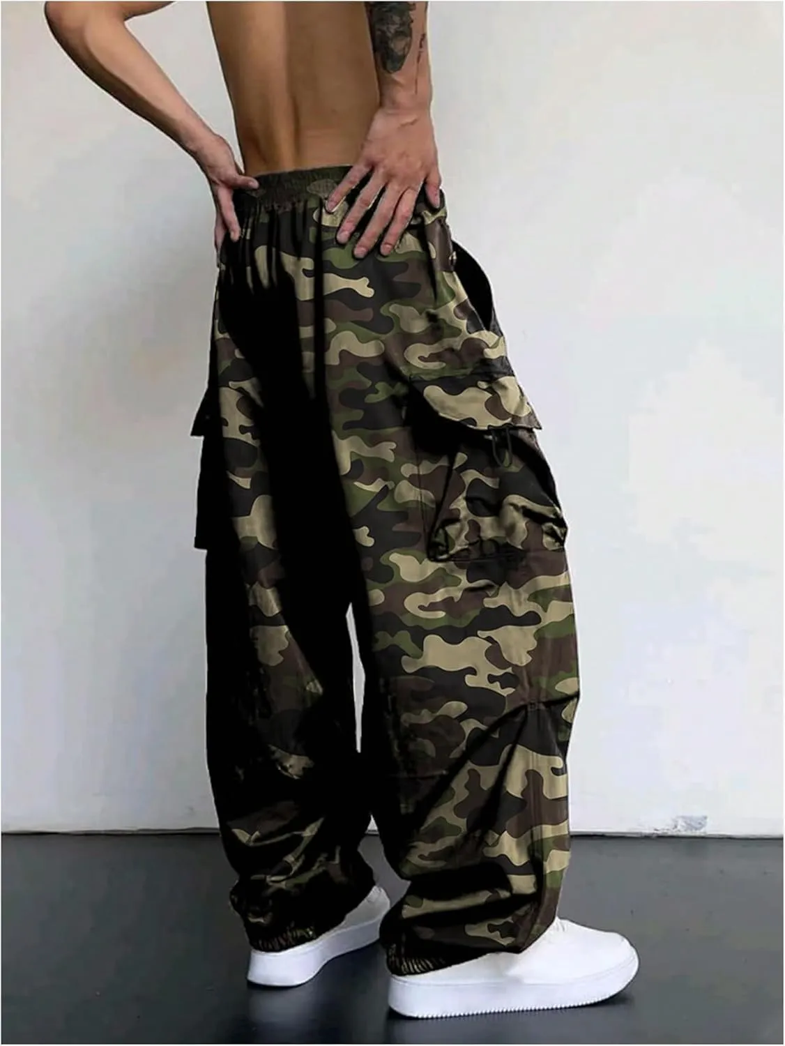 OYOANGLE Men's Camo Print Baggy Cargo Pants Elastic Drawstring Waist Wide Leg Trousers Streetwear