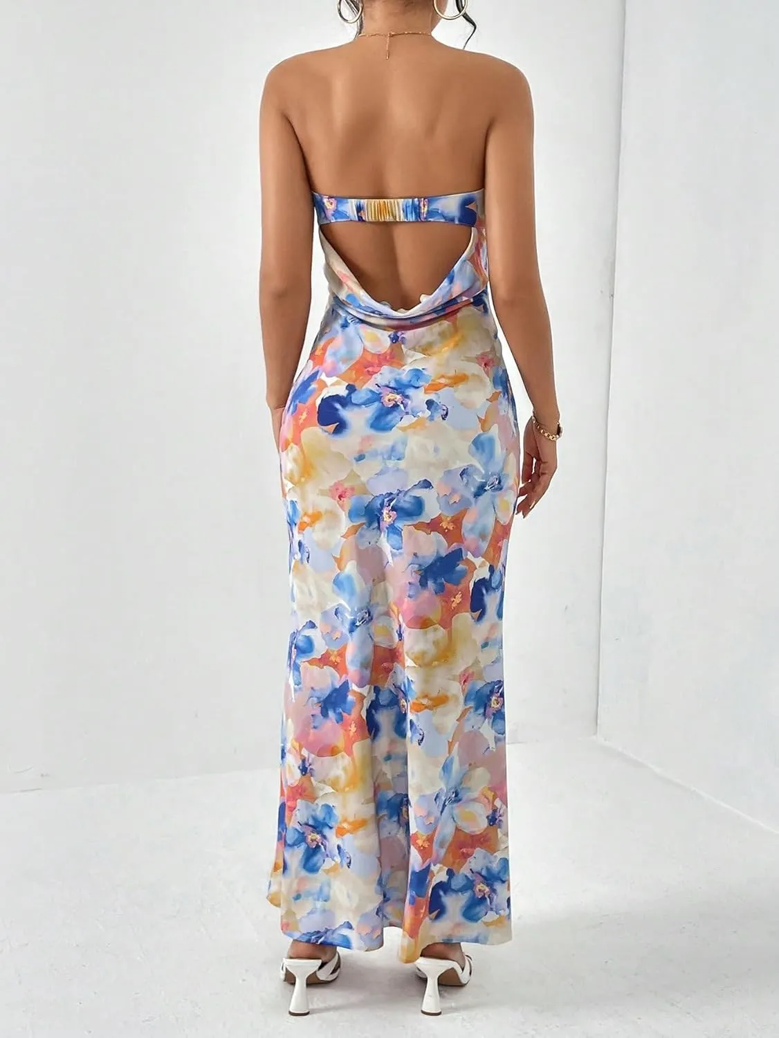 OYOANGLE Women's Floral Print Sleeveless Strapless Draped Backless Bodycon Summer Maxi Tube Dress