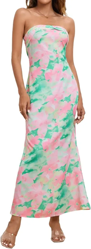 OYOANGLE Women's Floral Print Sleeveless Strapless Draped Backless Bodycon Summer Maxi Tube Dress