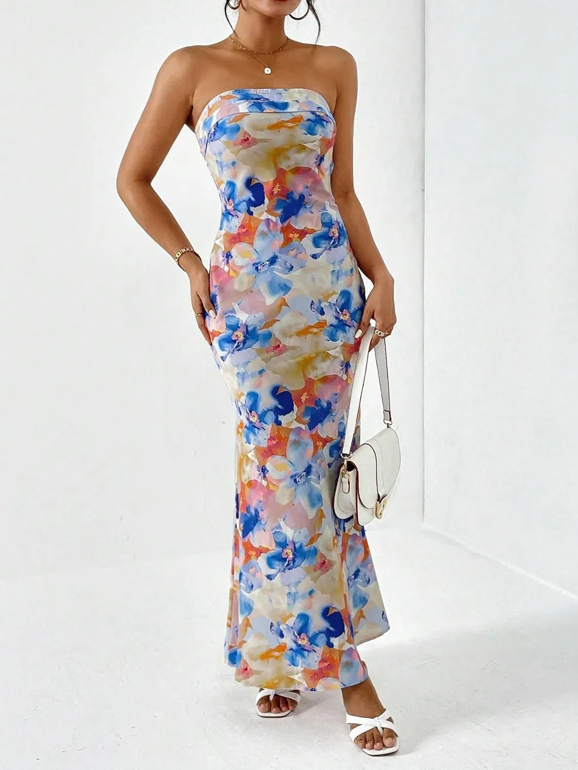 OYOANGLE Women's Floral Print Sleeveless Strapless Draped Backless Bodycon Summer Maxi Tube Dress