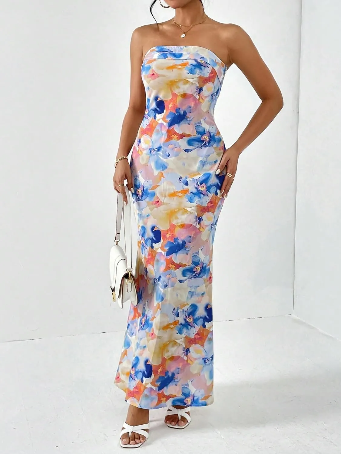 OYOANGLE Women's Floral Print Sleeveless Strapless Draped Backless Bodycon Summer Maxi Tube Dress