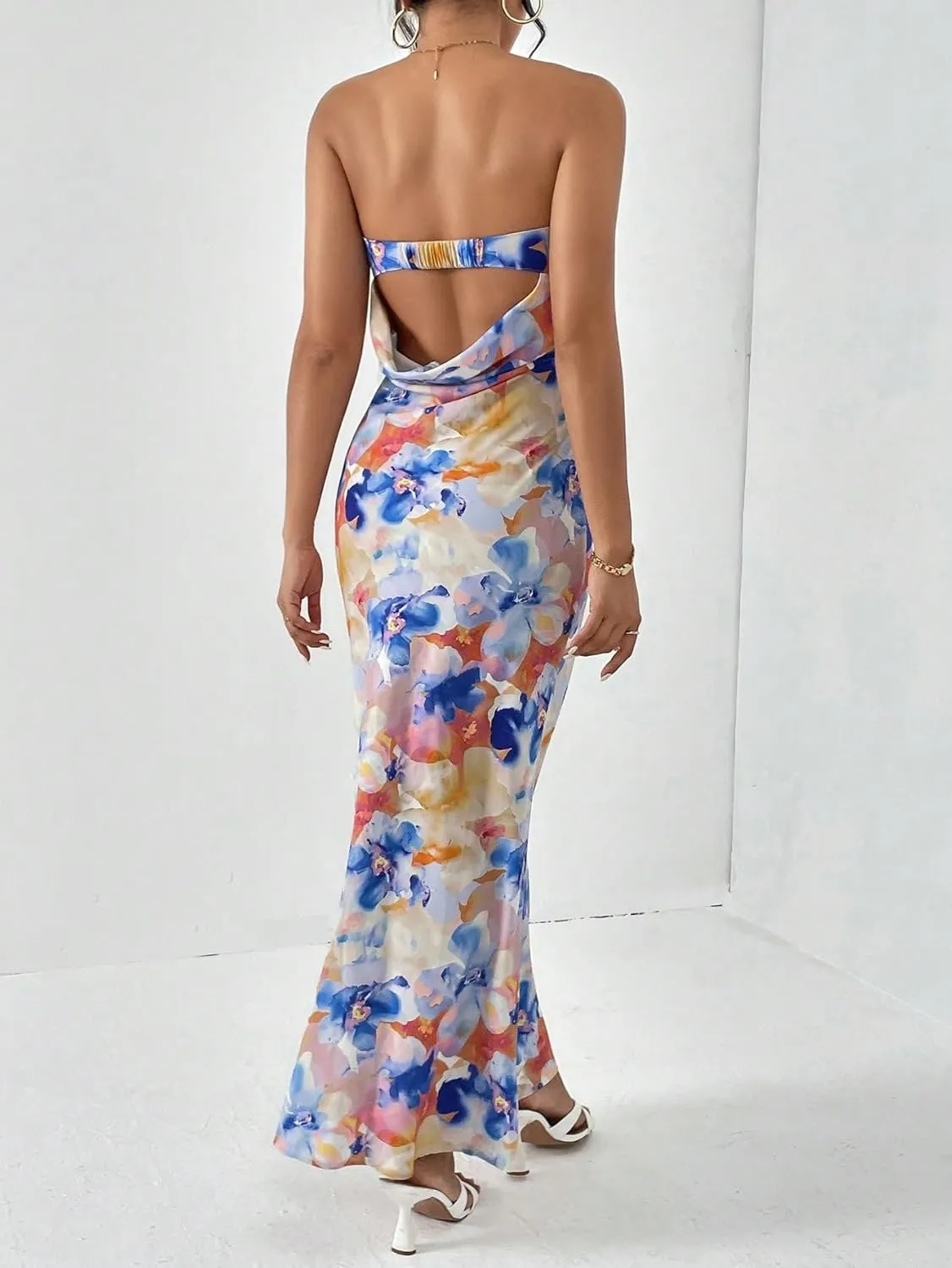 OYOANGLE Women's Floral Print Sleeveless Strapless Draped Backless Bodycon Summer Maxi Tube Dress