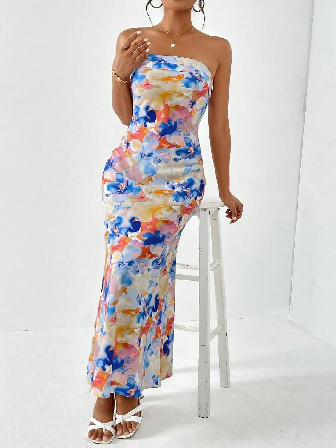 OYOANGLE Women's Floral Print Sleeveless Strapless Draped Backless Bodycon Summer Maxi Tube Dress