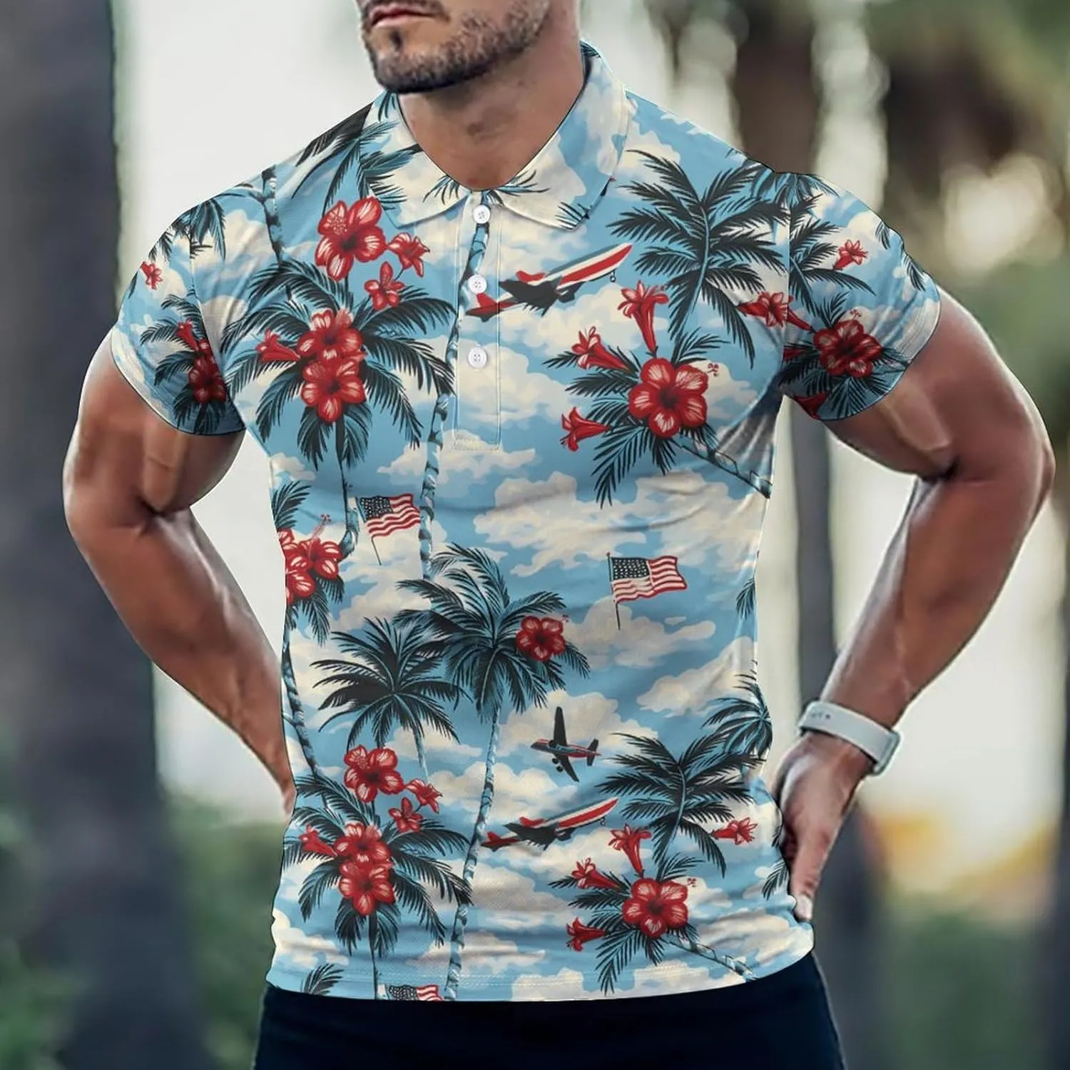 Palm Trees Hibiscus U.S. Flag Mens Polo Shirts Quick Dry Short Sleeve Golf Slim Fit T Shirt