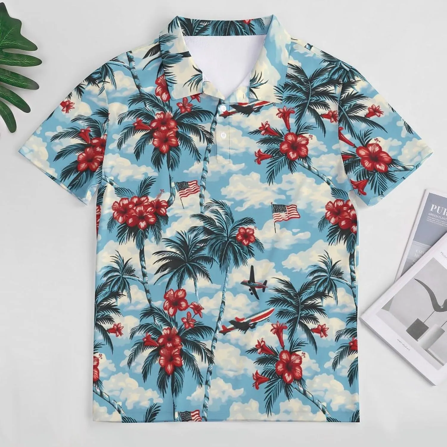 Palm Trees Hibiscus U.S. Flag Mens Polo Shirts Quick Dry Short Sleeve Golf Slim Fit T Shirt
