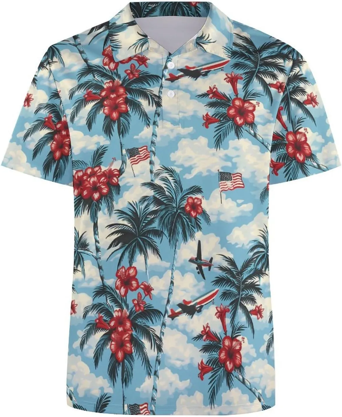 Palm Trees Hibiscus U.S. Flag Mens Polo Shirts Quick Dry Short Sleeve Golf Slim Fit T Shirt