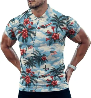 Palm Trees Hibiscus U.S. Flag Mens Polo Shirts Quick Dry Short Sleeve Golf Slim Fit T Shirt