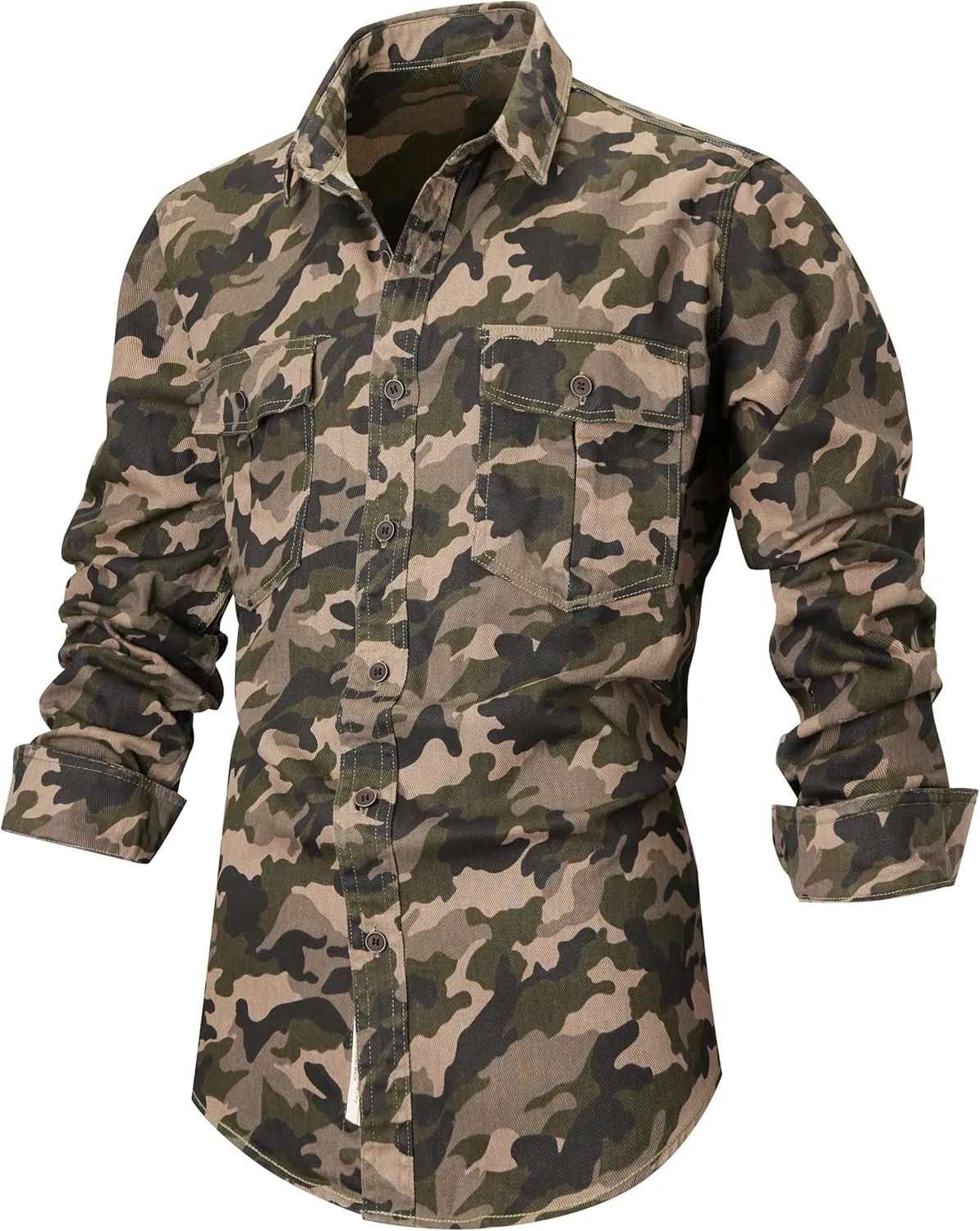PAODIKUAI Men Camouflage Denim Shirt Camo Washed Military Long Sleeve Shirts Casual Button Down Shirts