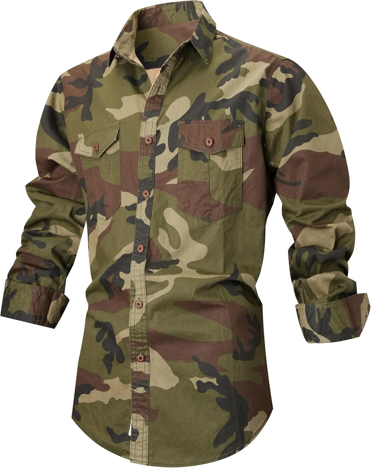 PAODIKUAI Men Camouflage Denim Shirt Camo Washed Military Long Sleeve Shirts Casual Button Down Shirts