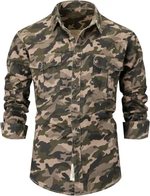 PAODIKUAI Men Camouflage Denim Shirt Camo Washed Military Long Sleeve Shirts Casual Button Down Shirts