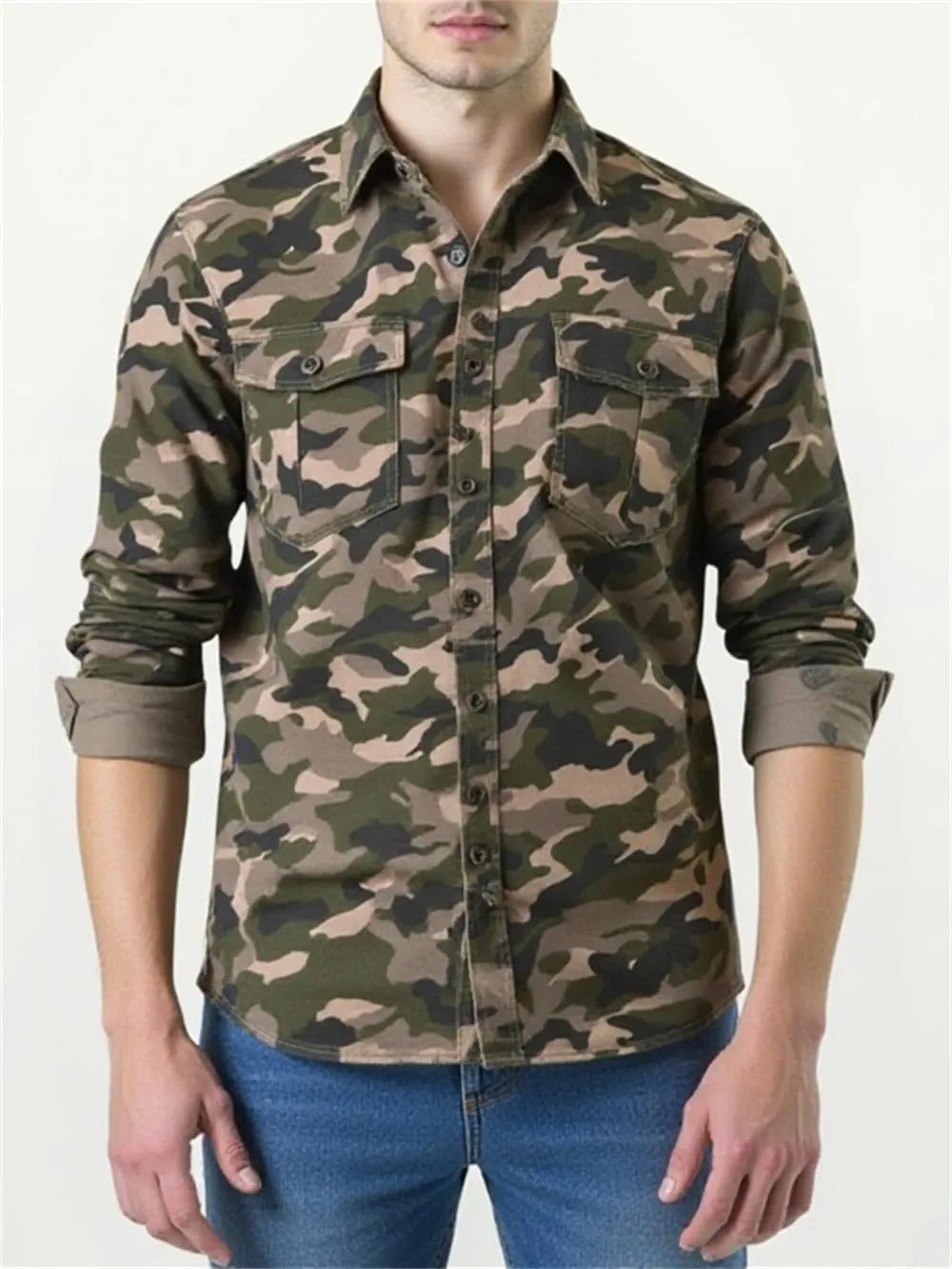 PAODIKUAI Men Camouflage Denim Shirt Camo Washed Military Long Sleeve Shirts Casual Button Down Shirts