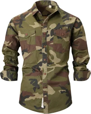 PAODIKUAI Men Camouflage Denim Shirt Camo Washed Military Long Sleeve Shirts Casual Button Down Shirts