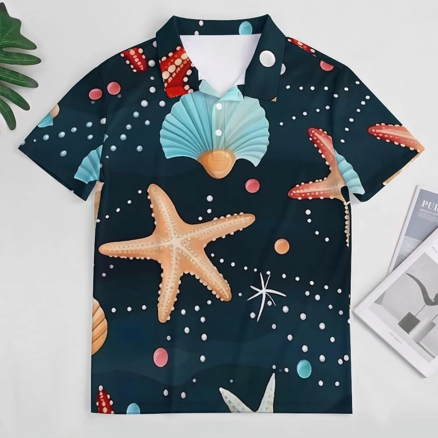Pearls Shell Starfish Fishes Mens Short Sleeve Polo Shirts Straight Sports Golf Tennis T-Shirt Quick Dry Long Top