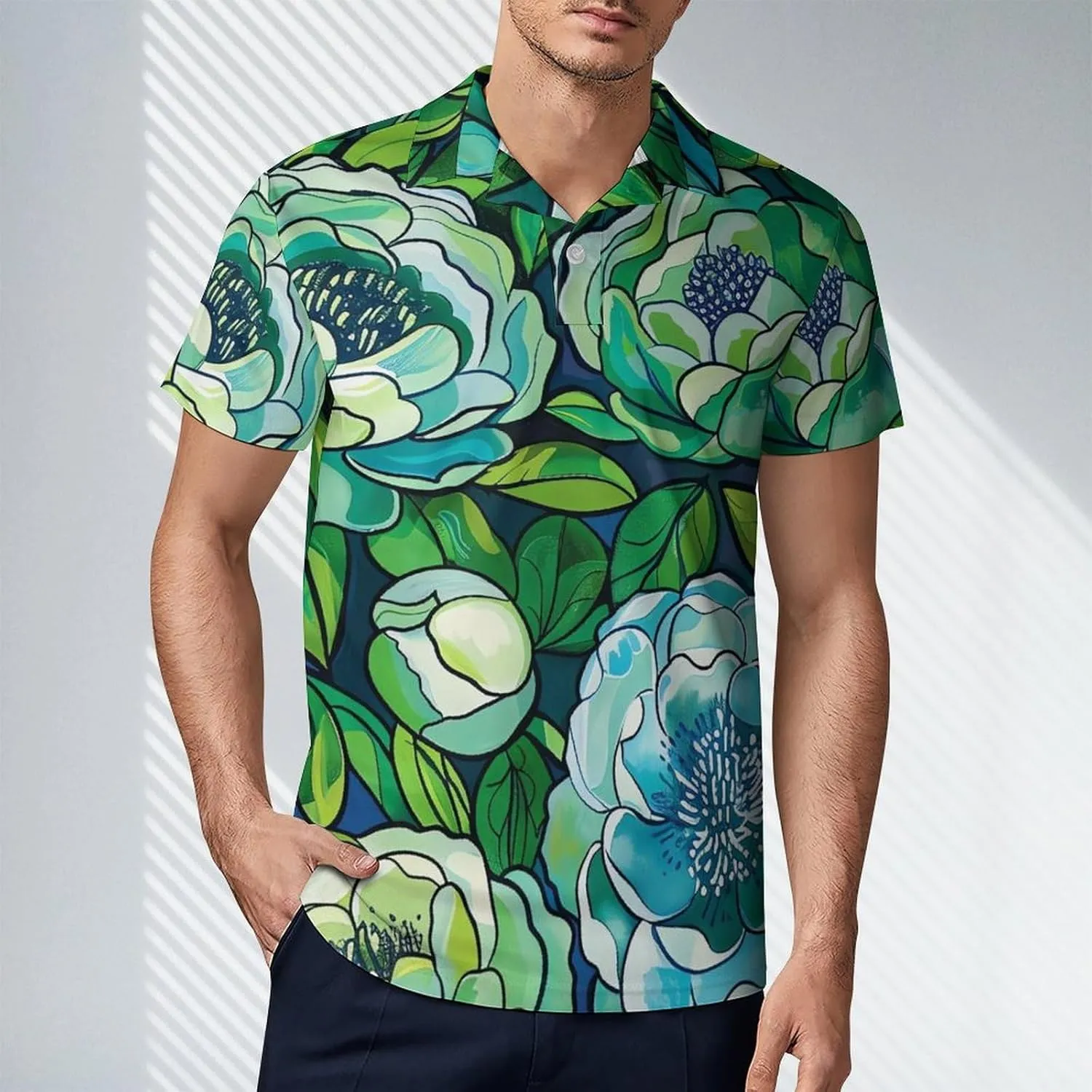 Pink-Art Pattern Men's Polo Shirts Short Sleeve Blend Performance Fashion Business Casual Collared Shirts