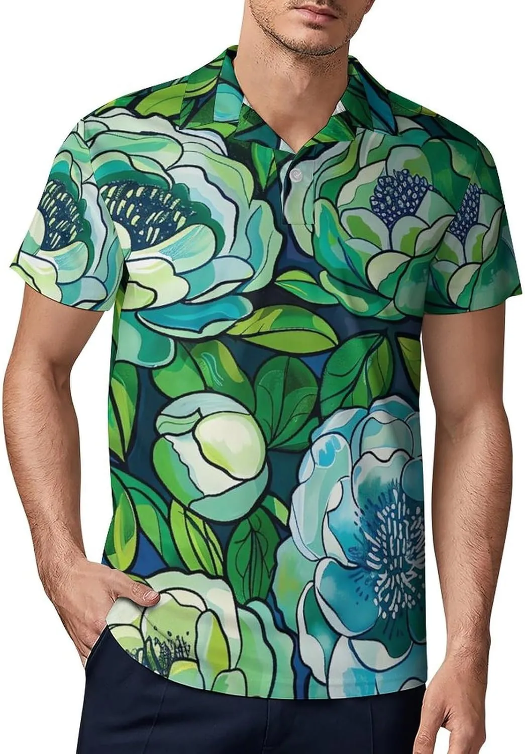 Pink-Art Pattern Men's Polo Shirts Short Sleeve Blend Performance Fashion Business Casual Collared Shirts