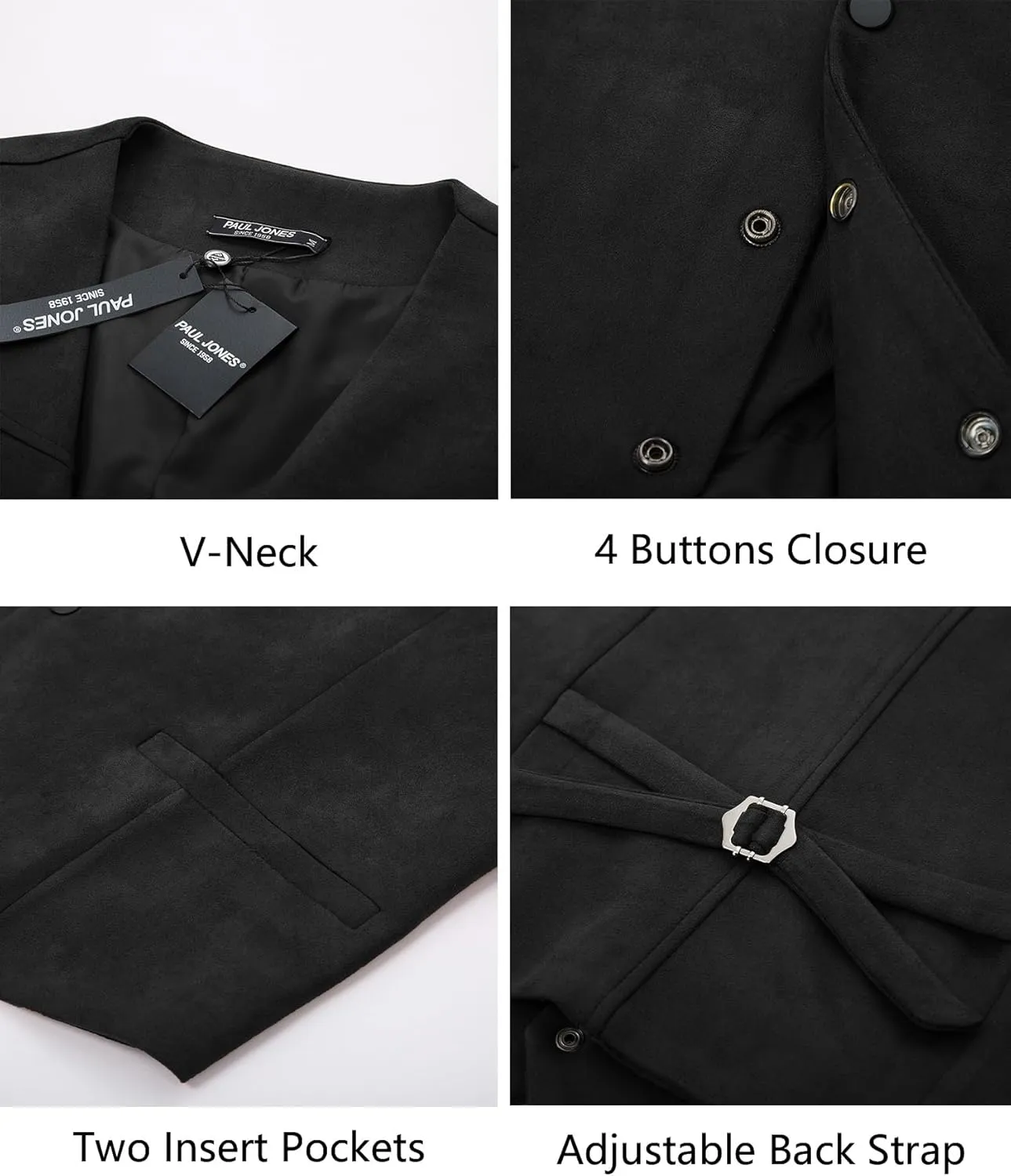 PJ PAUL JONES Men's Western Cowboy Suit Vest Slim Fit Faux Suede Leather Dress Vests Waistcoat for Wedding
