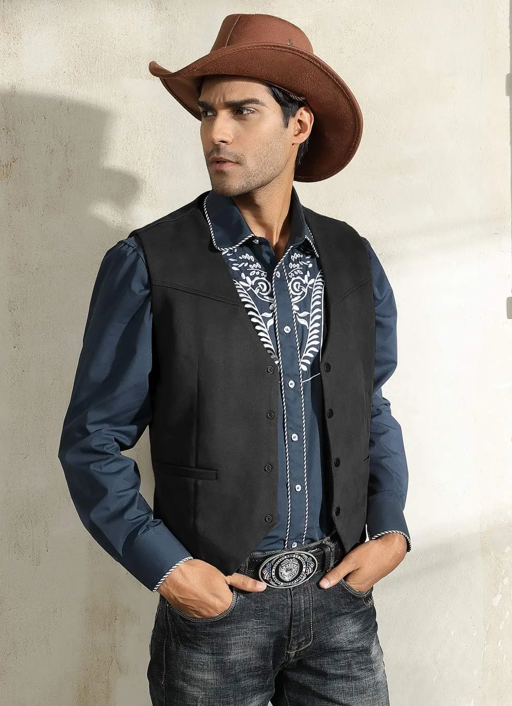 PJ PAUL JONES Men's Western Cowboy Suit Vest Slim Fit Faux Suede Leather Dress Vests Waistcoat for Wedding
