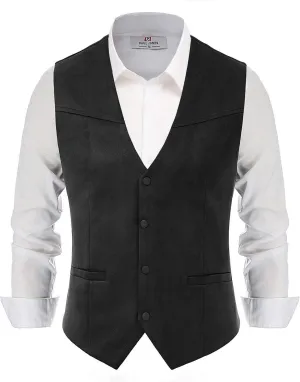 PJ PAUL JONES Men's Western Cowboy Suit Vest Slim Fit Faux Suede Leather Dress Vests Waistcoat for Wedding