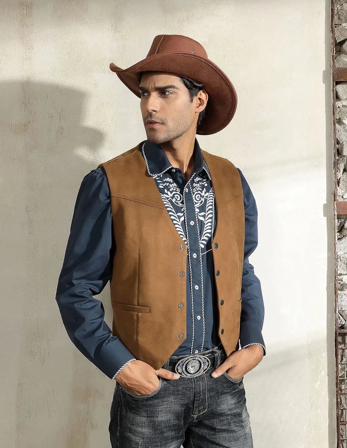 PJ PAUL JONES Men's Western Cowboy Suit Vest Slim Fit Faux Suede Leather Dress Vests Waistcoat for Wedding