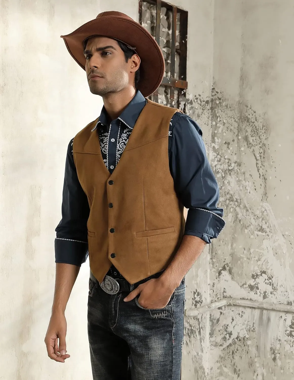 PJ PAUL JONES Men's Western Cowboy Suit Vest Slim Fit Faux Suede Leather Dress Vests Waistcoat for Wedding