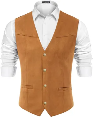 PJ PAUL JONES Men's Western Cowboy Suit Vest Slim Fit Faux Suede Leather Dress Vests Waistcoat for Wedding
