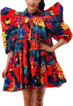 Plus Size Babydoll Dress for Women Puff Sleeve Midi Dress Summer Casual Ruffle Flowy Boho Button Down Shirt Dress