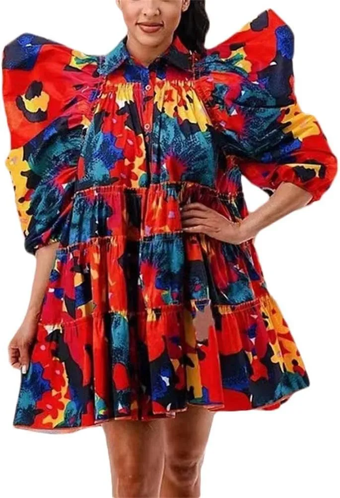 Plus Size Babydoll Dress for Women Puff Sleeve Midi Dress Summer Casual Ruffle Flowy Boho Button Down Shirt Dress