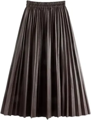 PU-Leather Pleated Skirt Women High Waist Fashion All-Match A-Line Mi-Long Skirt