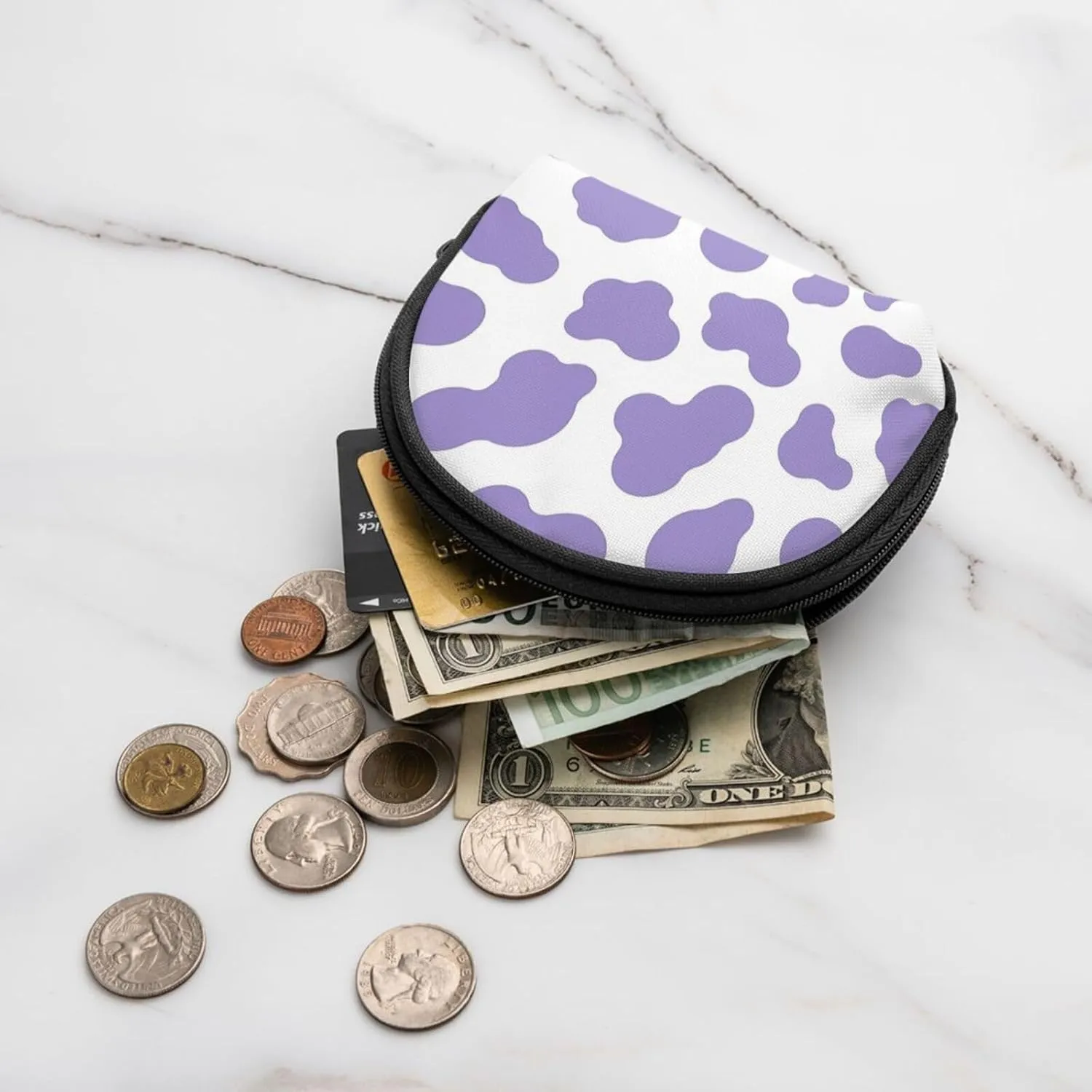 Purple Cow Print Coin Purse Mini Wallet Change Pouch Key Holder Zipper Small Cosmetic Makeup Storage Bags