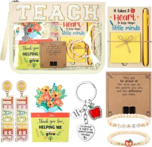 Quelay 10 Pcs End of the Year Teacher Appreciation Gifts Set Thank You Teacher Gifts for Women Makeup Bag Bracelet Sticky Notes Pad Holder Earring Keychain Pen Thank You Card Graduation Supplies