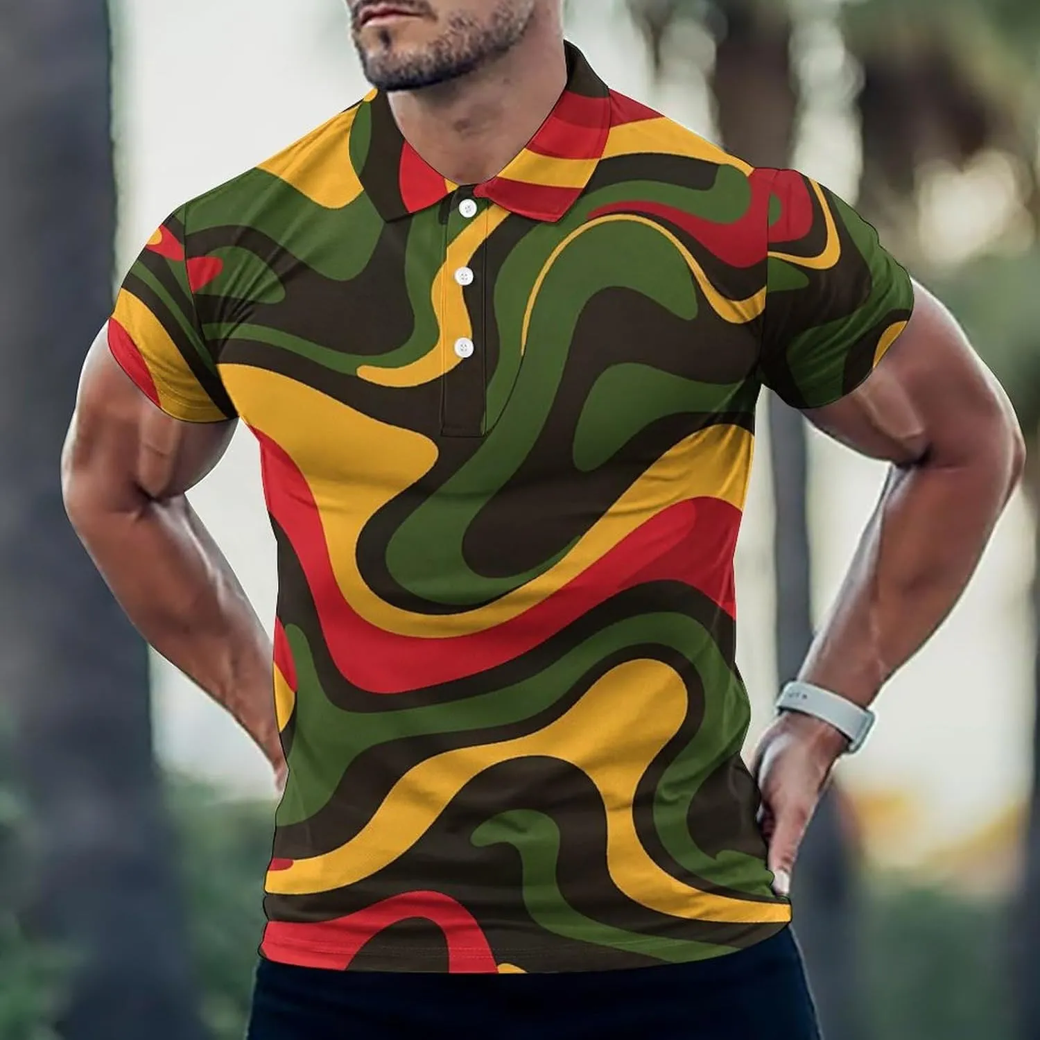 Rasta Colors Pattern Mens Polo Shirts Quick Dry Short Sleeve T-shirts Slim Tennis Collared Tees Tops