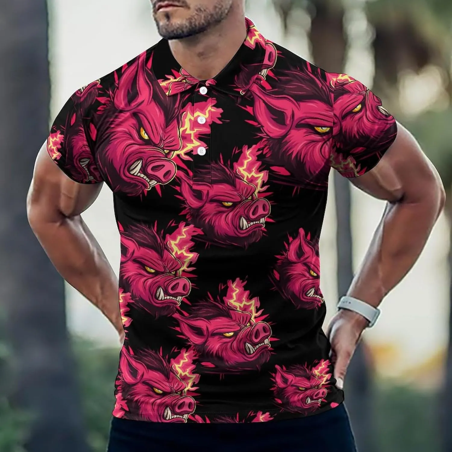 Red Boar Pigs Head Mens Polo Shirts Quick Dry Short Sleeve T-shirts Slim Tennis Collared Tees Tops