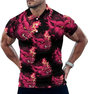 Red Boar Pigs Head Mens Polo Shirts Quick Dry Short Sleeve T-shirts Slim Tennis Collared Tees Tops