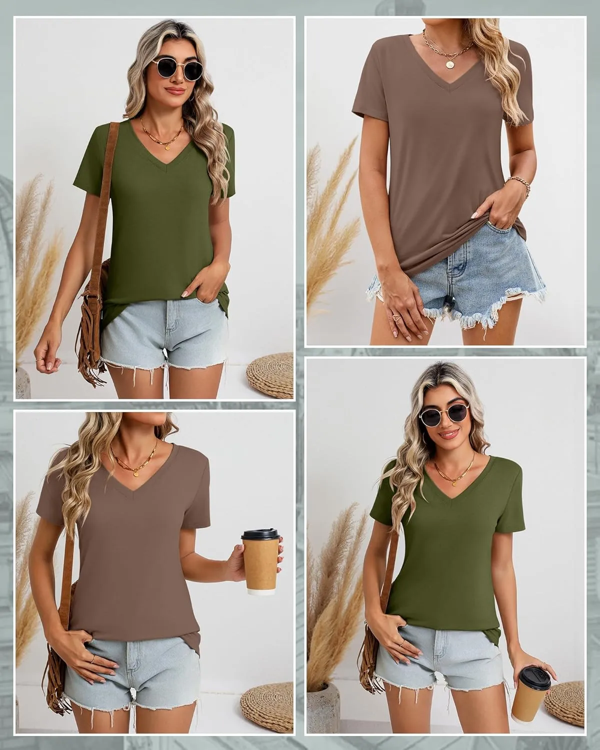 Riyiper 3 Pack Women's T-Shirts V Neck Summer Trendy Short Sleeve Casual Tops Spring Loose Fit Basic Straight Hem Tees