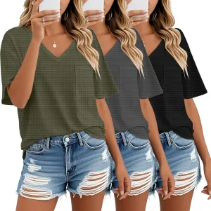 Riyiper 3 Pack Womens V Neck T-Shirts Short Sleeve Waffle Knit Oversized Loose Fit Casual Summer Tees Basic Tops