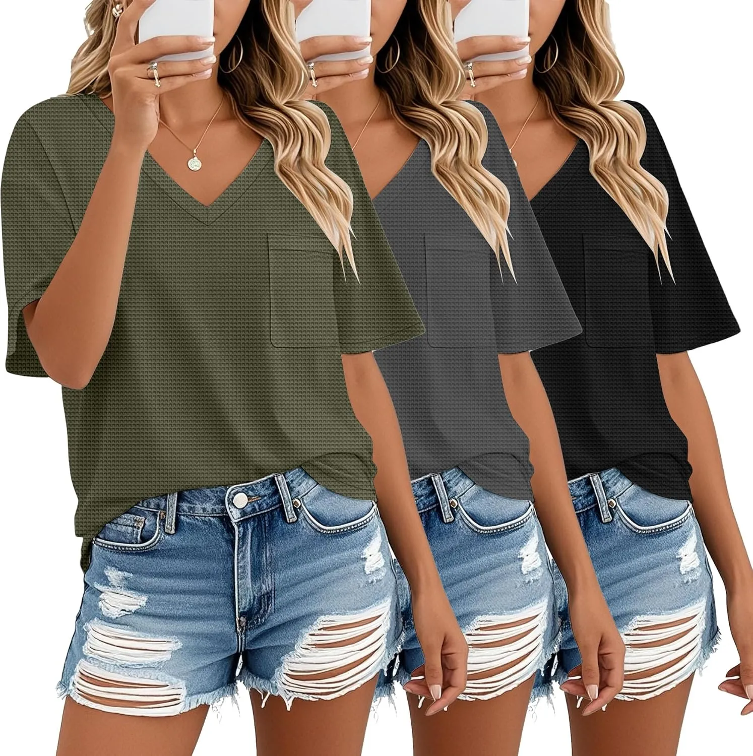 Riyiper 3 Pack Womens V Neck T-Shirts Short Sleeve Waffle Knit Oversized Loose Fit Casual Summer Tees Basic Tops