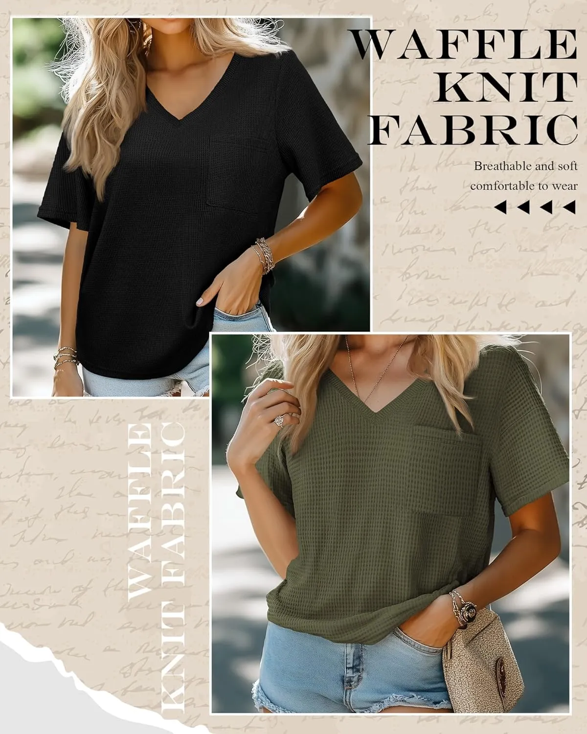 Riyiper 3 Pack Womens V Neck T-Shirts Short Sleeve Waffle Knit Oversized Loose Fit Casual Summer Tees Basic Tops