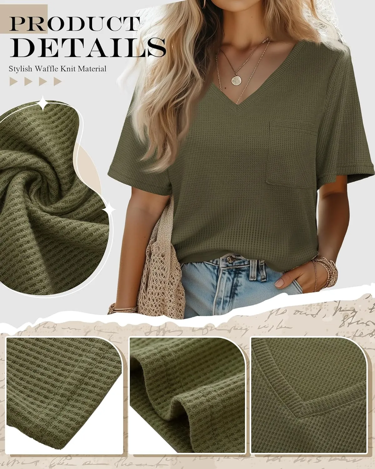 Riyiper 3 Pack Womens V Neck T-Shirts Short Sleeve Waffle Knit Oversized Loose Fit Casual Summer Tees Basic Tops