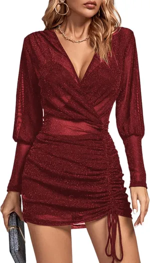 Rooscier Women's Sheer Mesh Glitter Wrap V Neck Long Sleeve Ruched Drawstring Bodycon Mini Dress