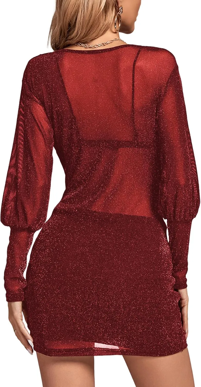 Rooscier Women's Sheer Mesh Glitter Wrap V Neck Long Sleeve Ruched Drawstring Bodycon Mini Dress
