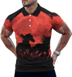 Running Horses Under The Blood Moon Mens Polo Shirts Quick Dry Short Sleeve T-shirts Slim Tennis Collared Tees Tops