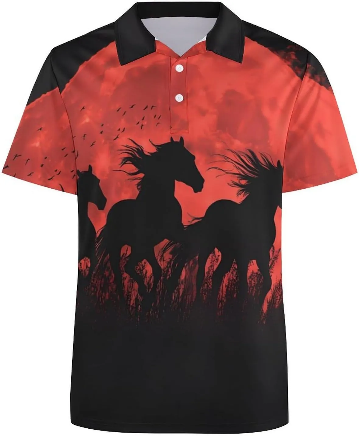 Running Horses Under The Blood Moon Mens Polo Shirts Quick Dry Short Sleeve T-shirts Slim Tennis Collared Tees Tops