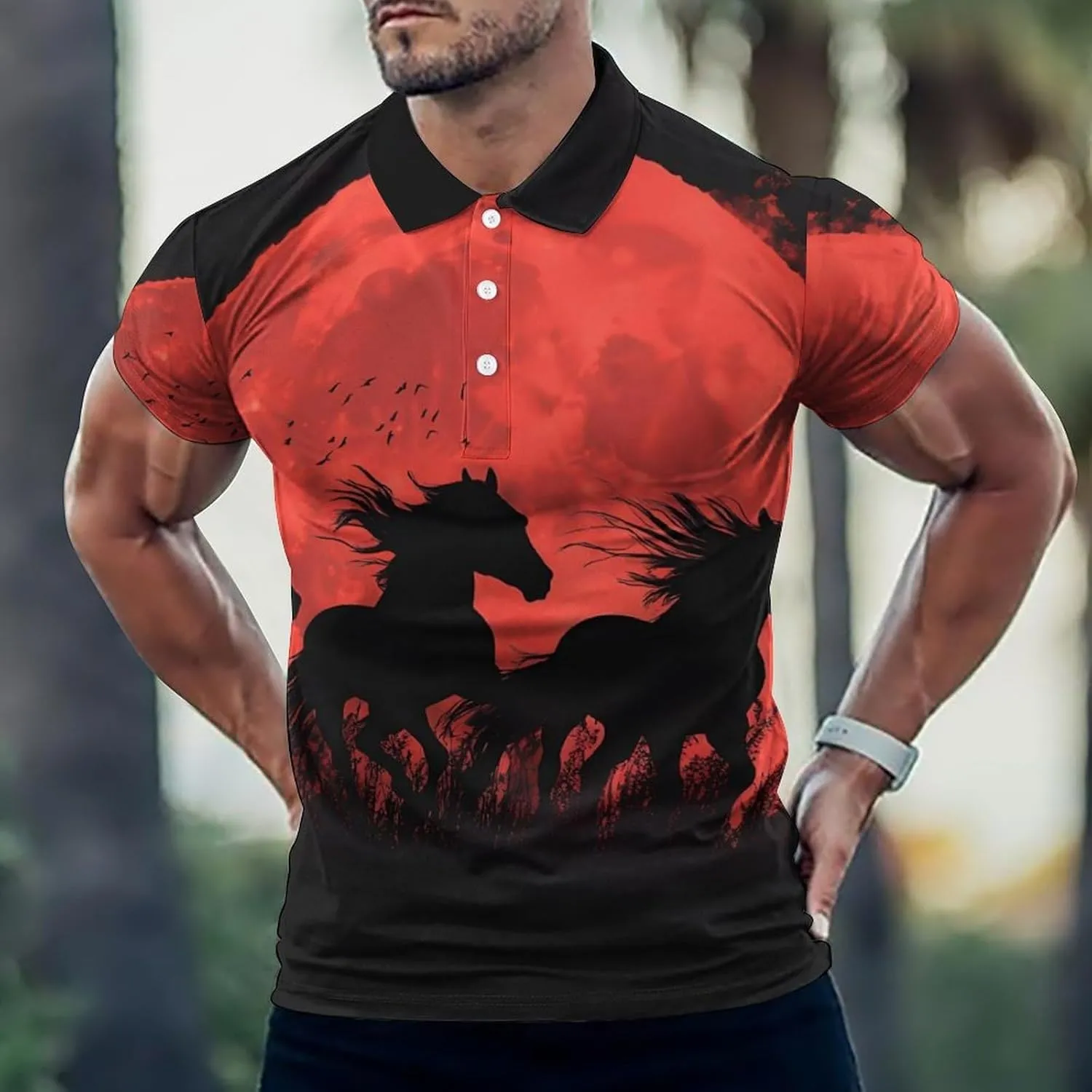 Running Horses Under The Blood Moon Mens Polo Shirts Quick Dry Short Sleeve T-shirts Slim Tennis Collared Tees Tops