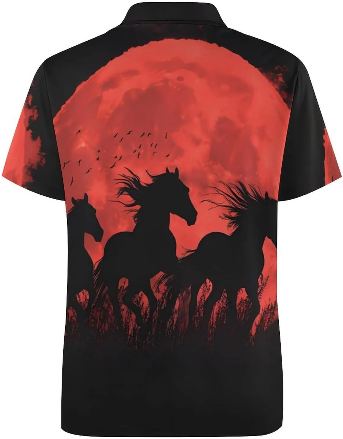 Running Horses Under The Blood Moon Mens Polo Shirts Quick Dry Short Sleeve T-shirts Slim Tennis Collared Tees Tops