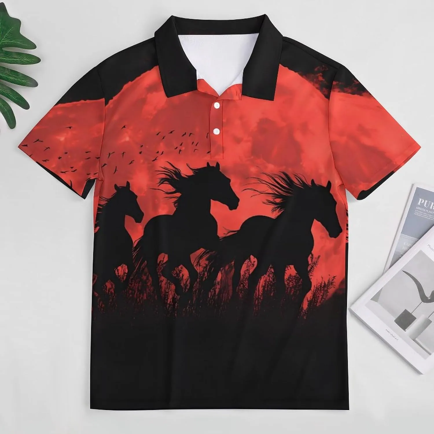 Running Horses Under The Blood Moon Mens Polo Shirts Quick Dry Short Sleeve T-shirts Slim Tennis Collared Tees Tops